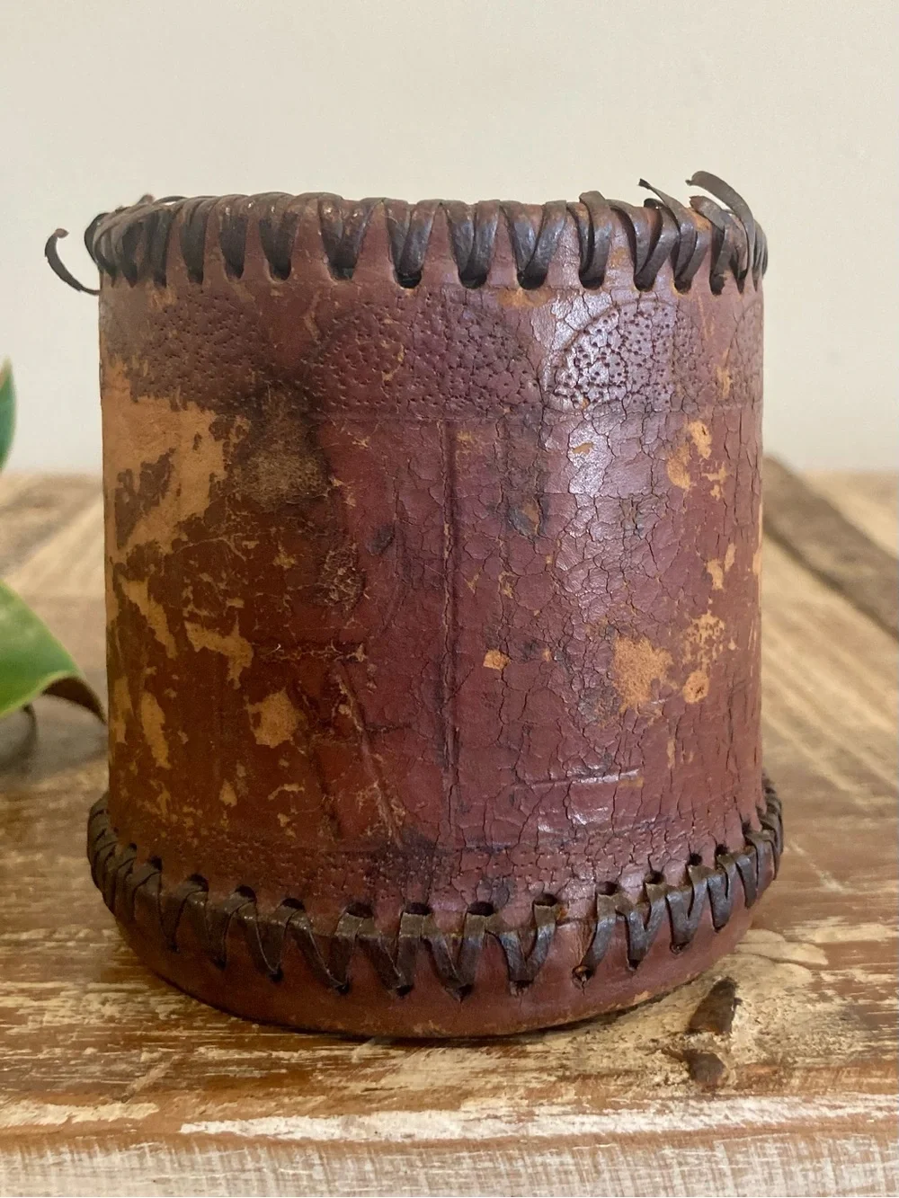 1939 Brown Leather Embossed Pencil Holder Destroyed Folk Art Desk Organizer
